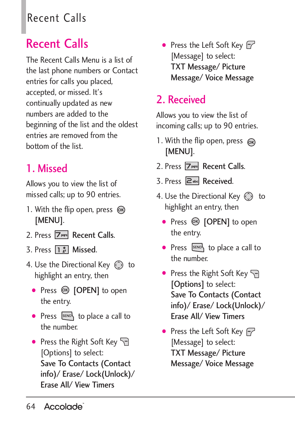 Recent calls, Missed, Received | LG Accolade User Manual | Page 66 / 133