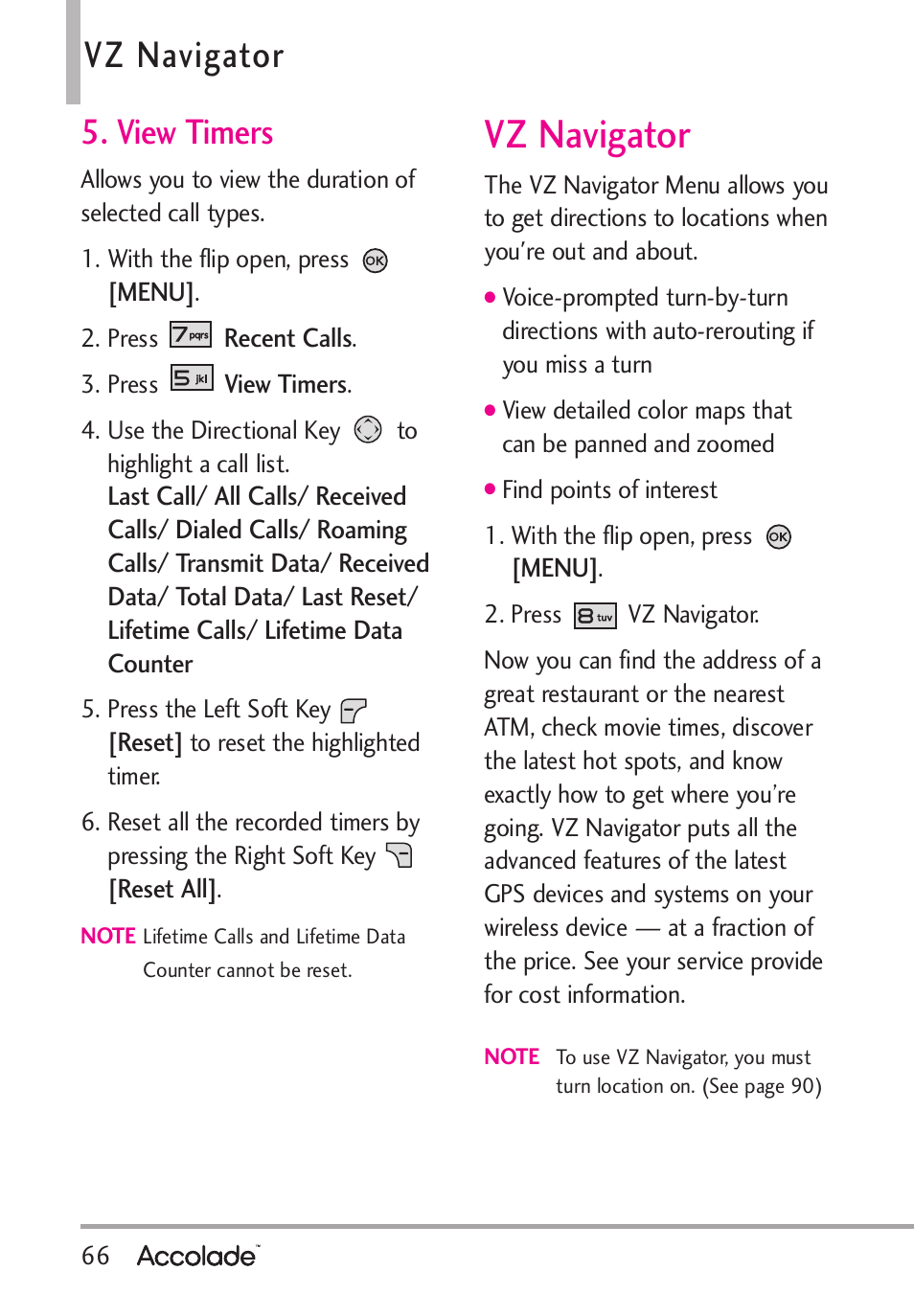 Vz navigator, View timers | LG Accolade User Manual | Page 68 / 133