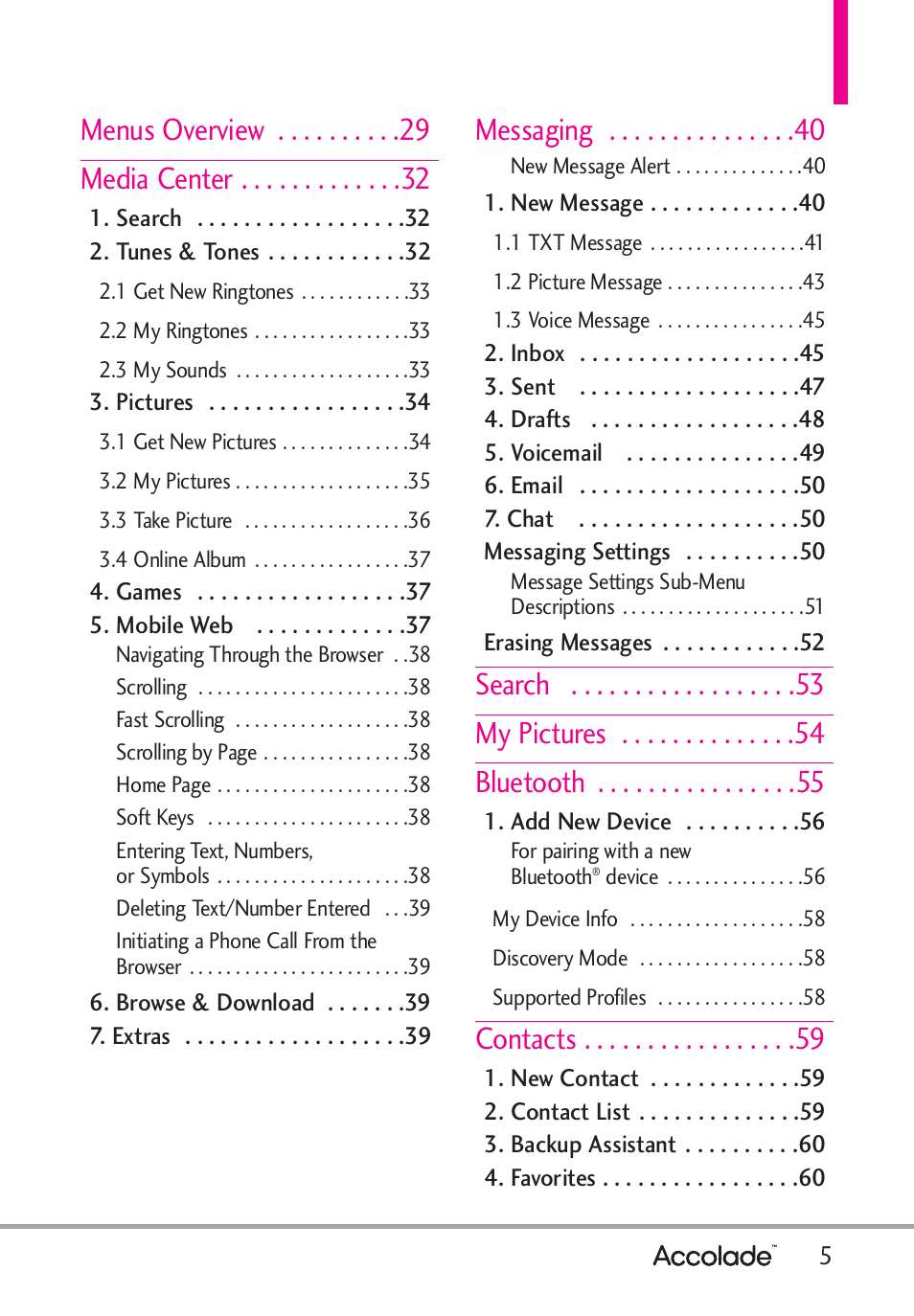 Menus overview media center, Messaging, Search my pictures bluetooth | Contacts | LG Accolade User Manual | Page 7 / 133