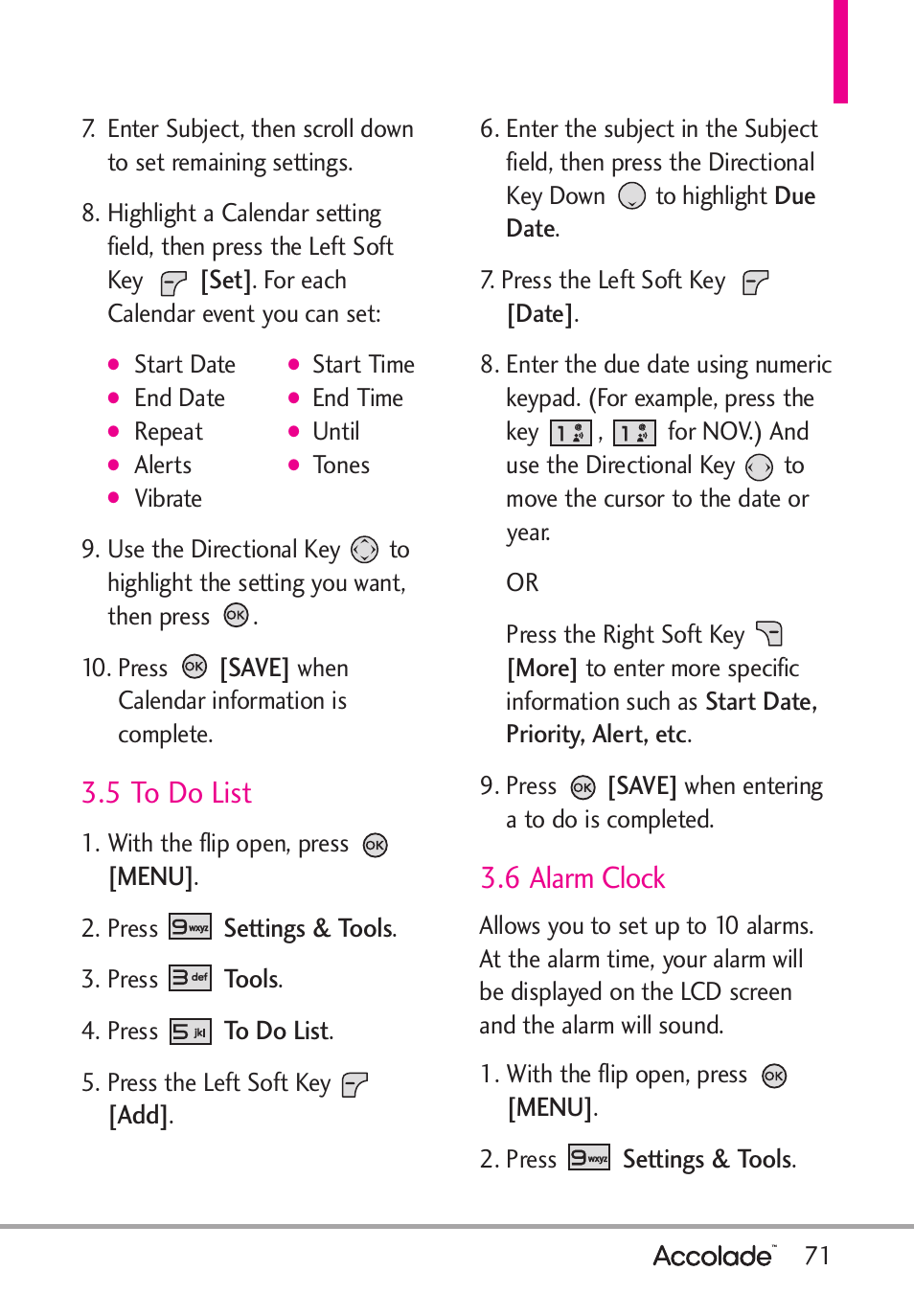 5 to do list, 6 alarm clock | LG Accolade User Manual | Page 73 / 133