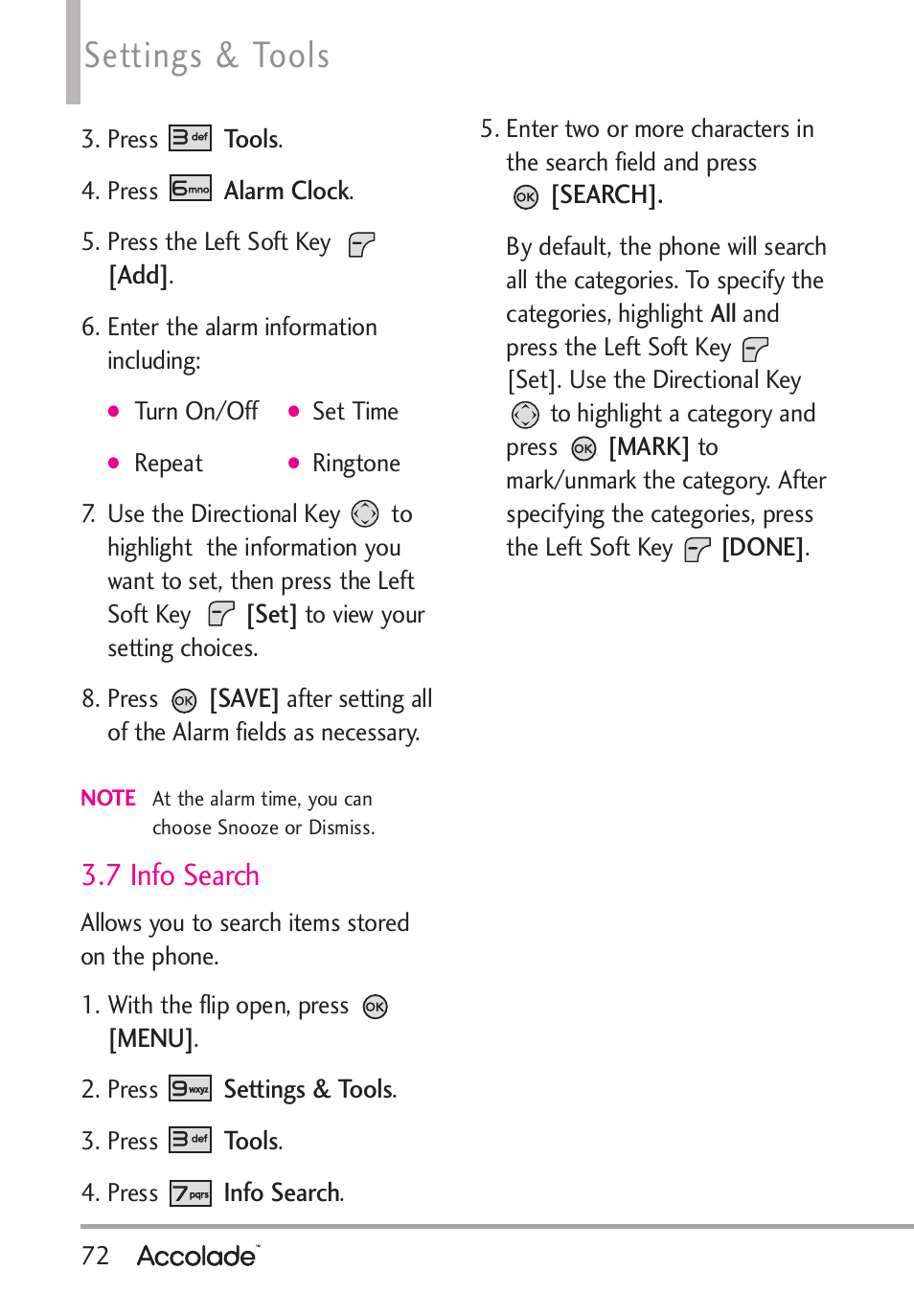 Settings & tools, 7 info search | LG Accolade User Manual | Page 74 / 133