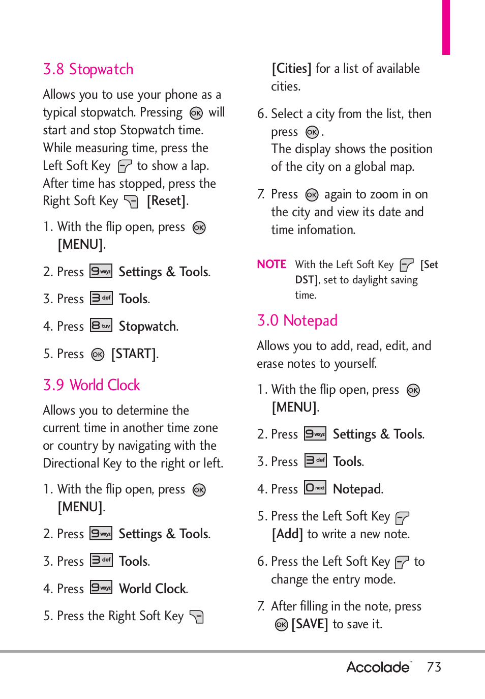 8 stopwatch, 9 world clock | LG Accolade User Manual | Page 75 / 133