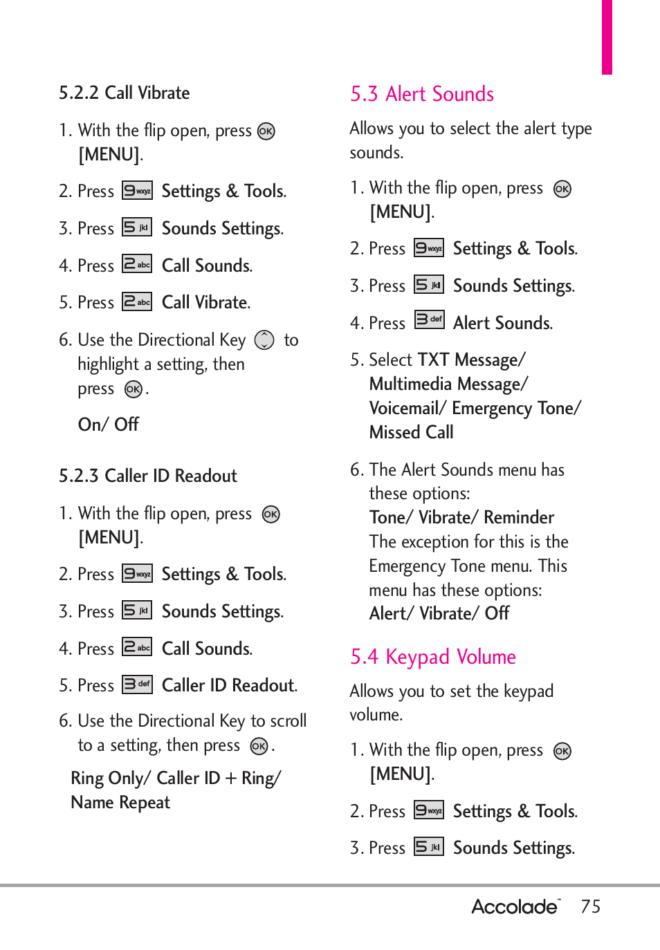 3 alert sounds, 4 keypad volume | LG Accolade User Manual | Page 77 / 133