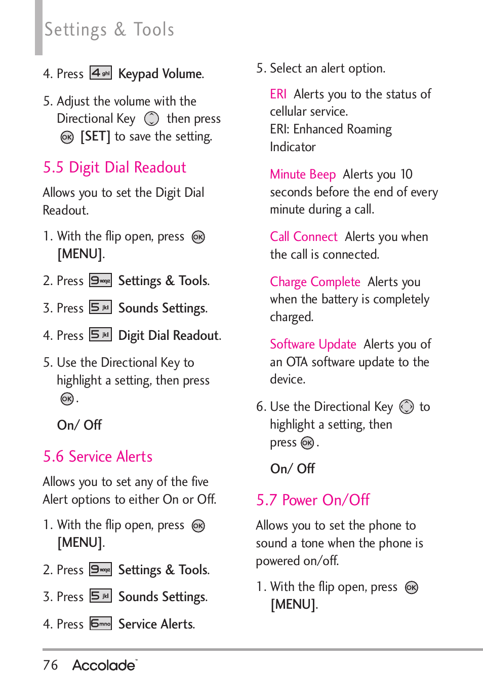 Settings & tools, 5 digit dial readout, 6 service alerts | 7 power on/off | LG Accolade User Manual | Page 78 / 133