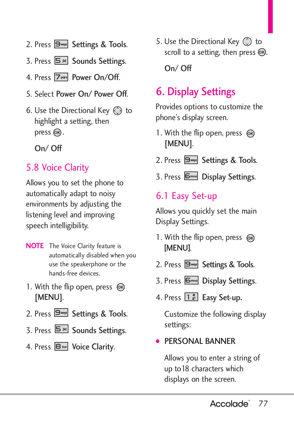 Display settings, 8 voice clarity, 1 easy set-up | LG Accolade User Manual | Page 79 / 133