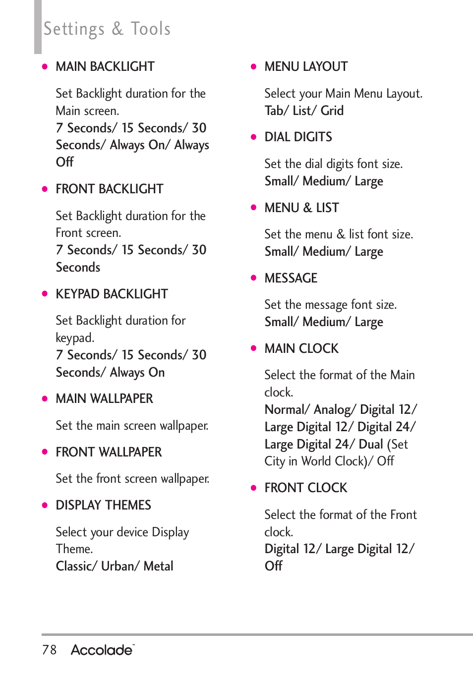 Settings & tools | LG Accolade User Manual | Page 80 / 133