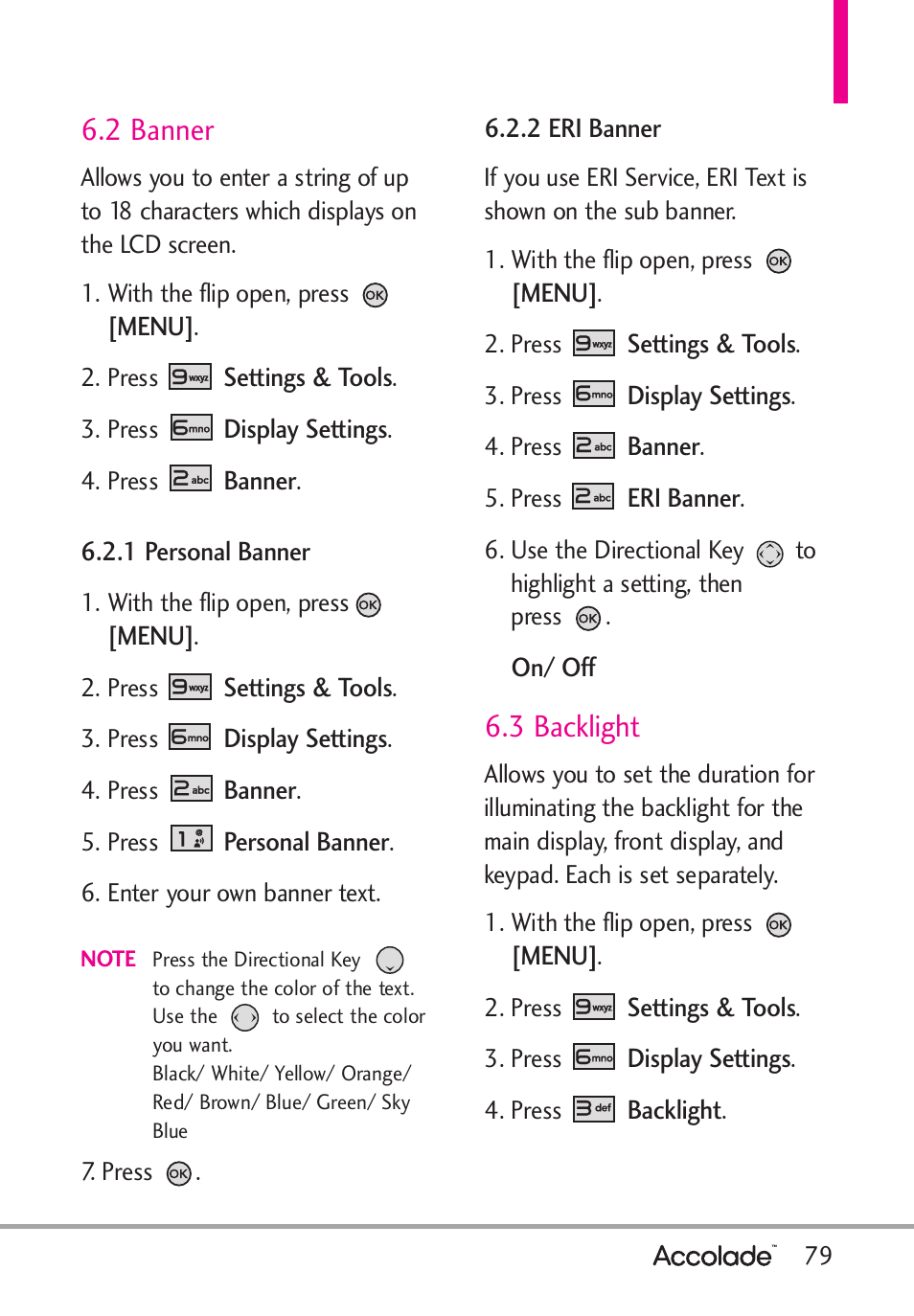 2 banner, 3 backlight | LG Accolade User Manual | Page 81 / 133