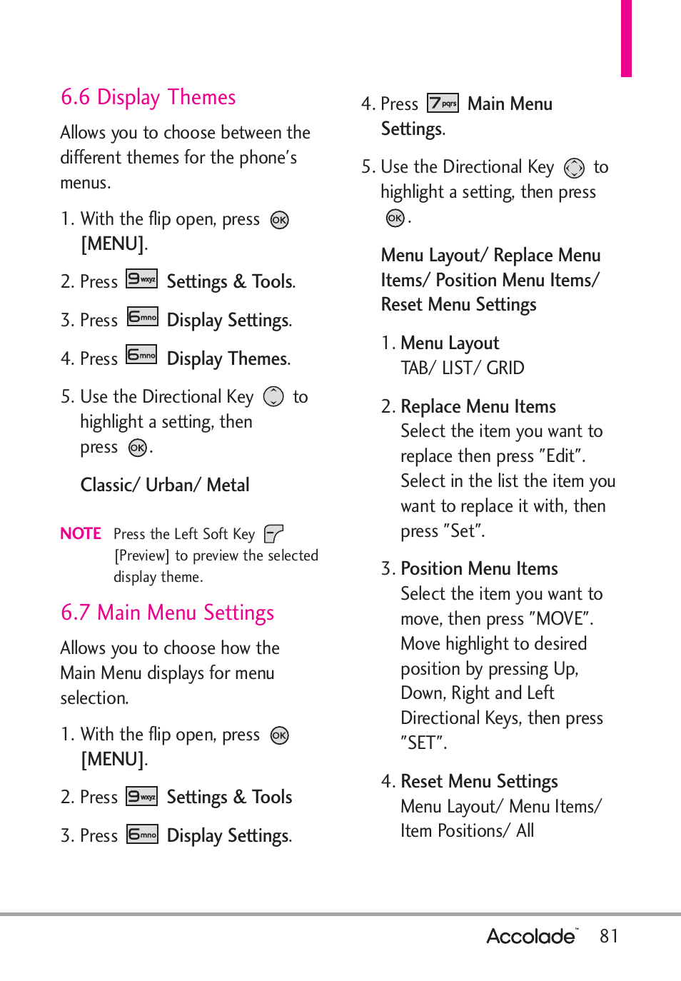 6 display themes, 7 main menu settings | LG Accolade User Manual | Page 83 / 133