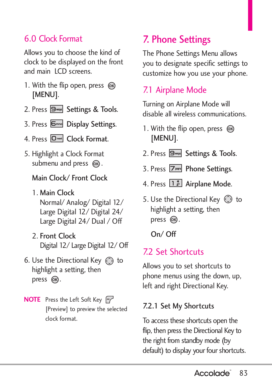 Phone settings, 0 clock format, 1 airplane mode | 2 set shortcuts | LG Accolade User Manual | Page 85 / 133