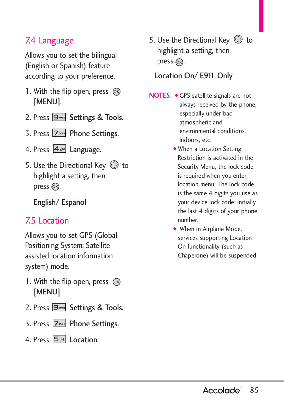 4 language, 5 location | LG Accolade User Manual | Page 87 / 133