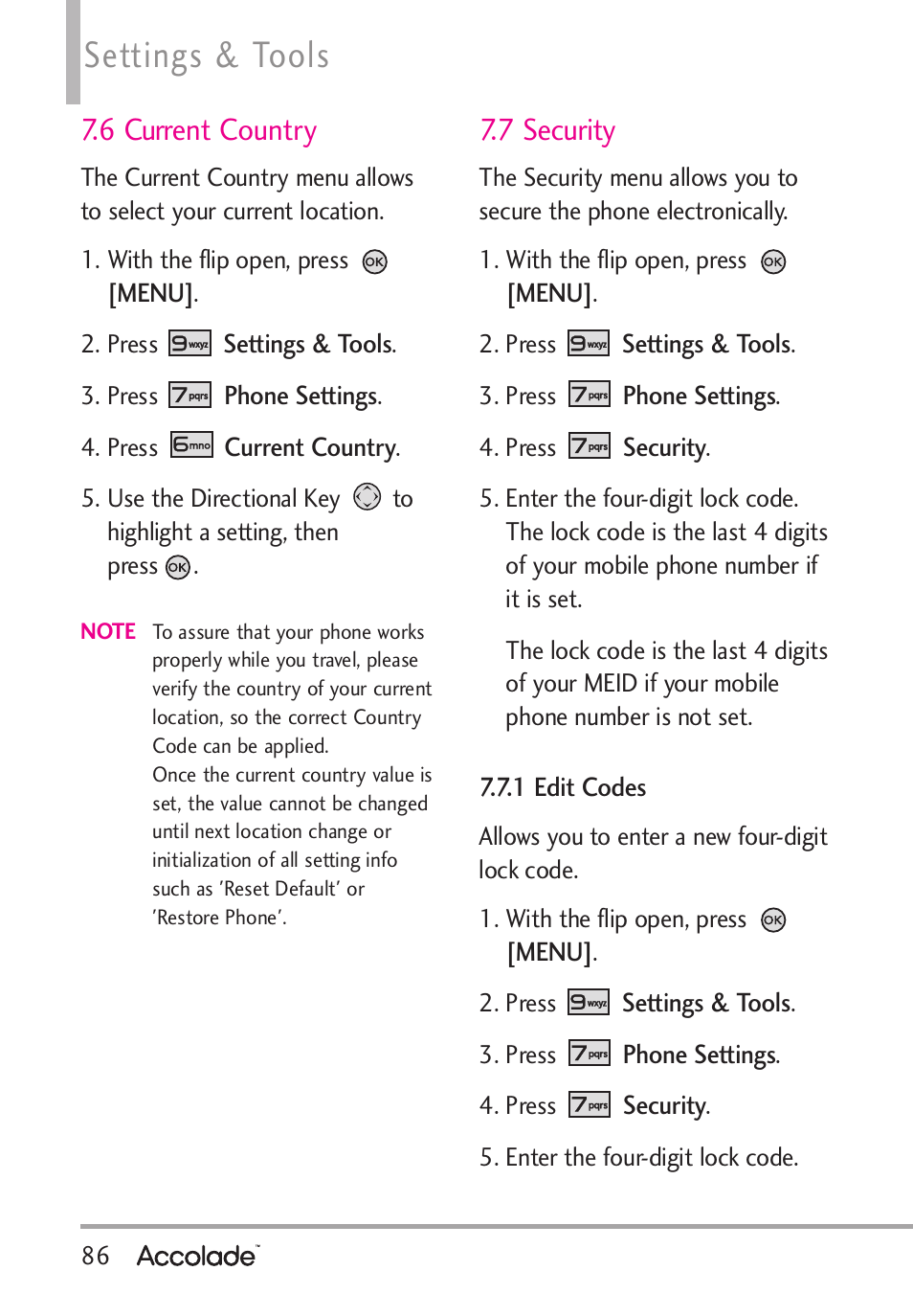 Settings & tools, 6 current country, 7 security | LG Accolade User Manual | Page 88 / 133