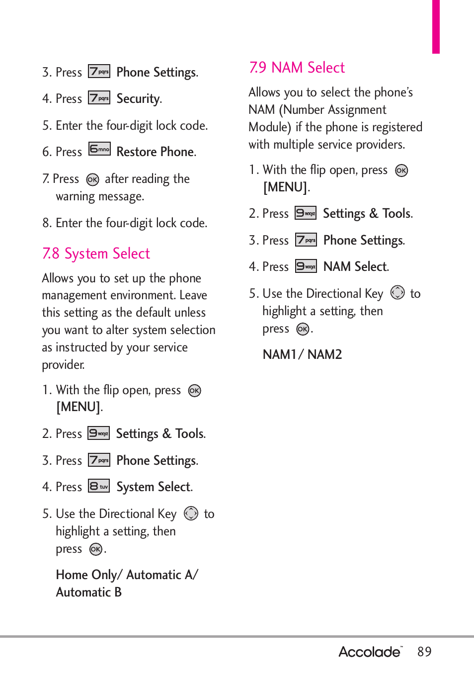 8 system select, 9 nam select | LG Accolade User Manual | Page 91 / 133