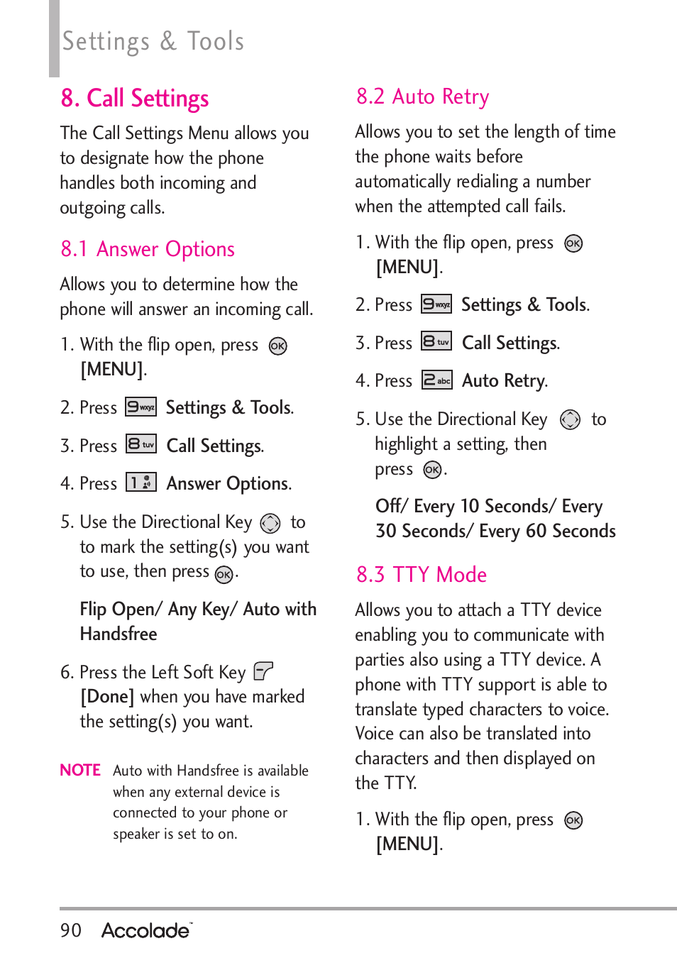 Settings & tools, Call settings, 1 answer options | 2 auto retry, 3 tty mode | LG Accolade User Manual | Page 92 / 133