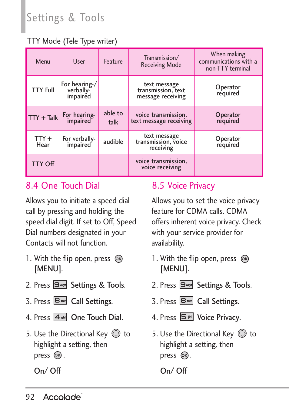 Settings & tools, 4 one touch dial, 5 voice privacy | LG Accolade User Manual | Page 94 / 133