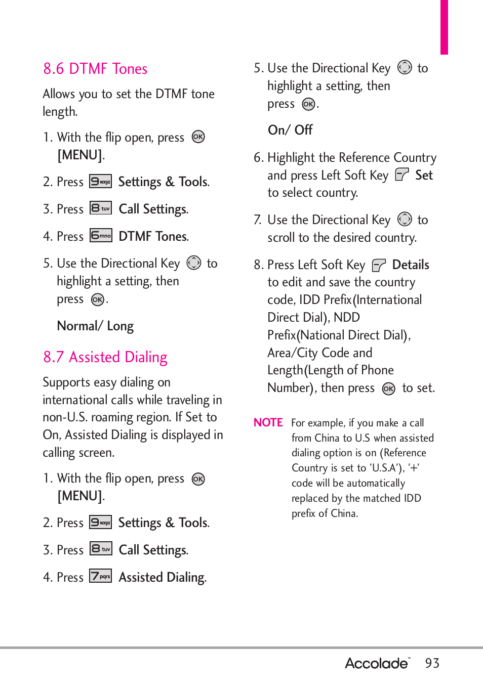 6 dtmf tones, 7 assisted dialing | LG Accolade User Manual | Page 95 / 133