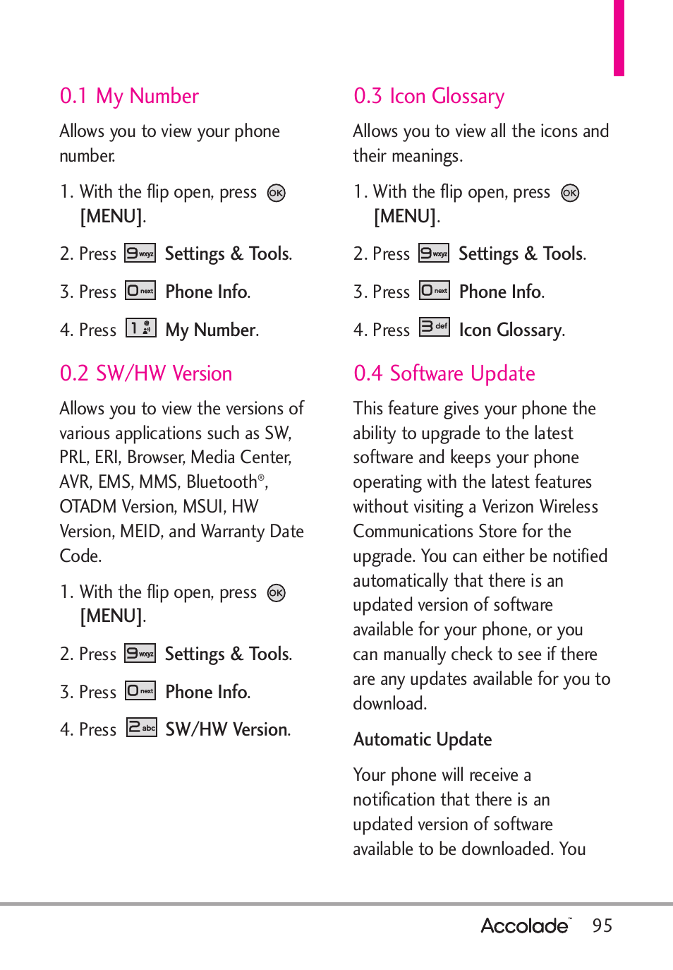 1 my number, 2 sw/hw version, 3 icon glossary | 4 software update | LG Accolade User Manual | Page 97 / 133