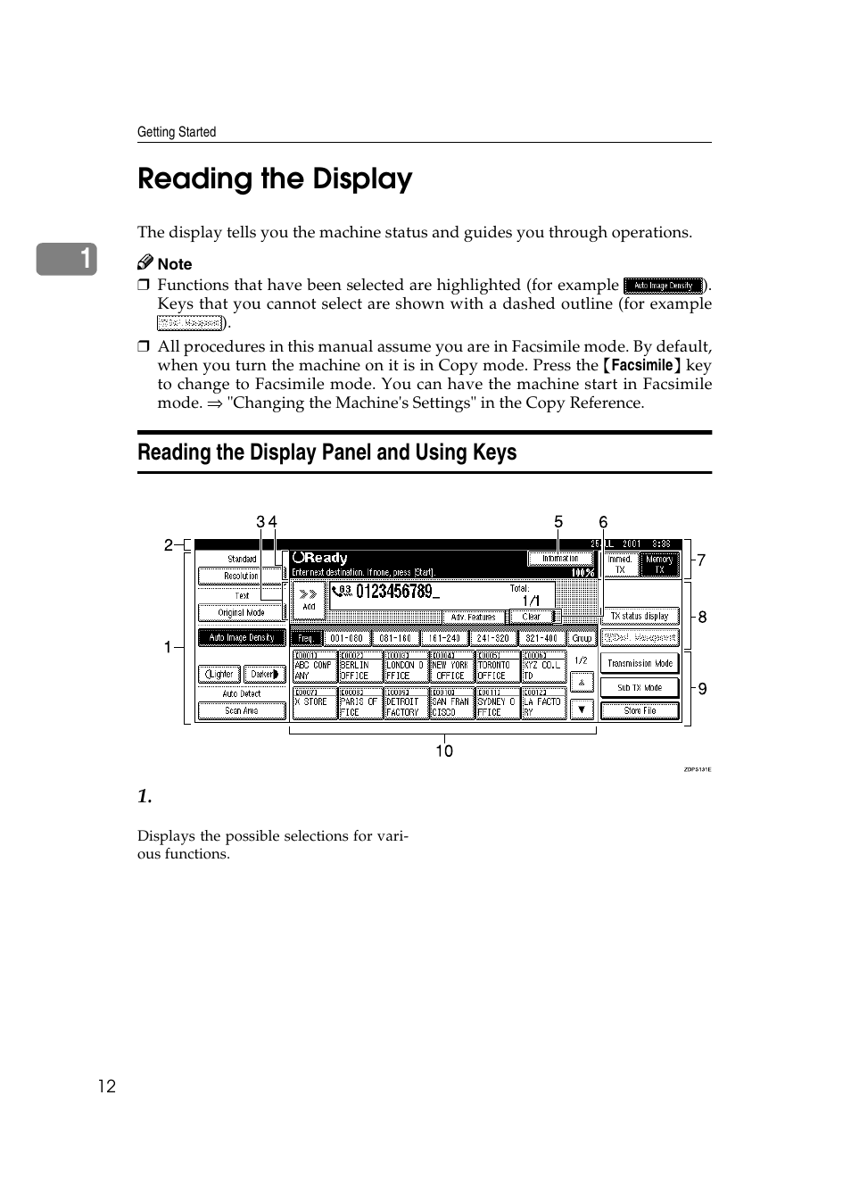 Reading the display, Reading the display panel and using keys, P.12 “reading the | Display, 1reading the display | LG Option Type 1045 User Manual | Page 20 / 89