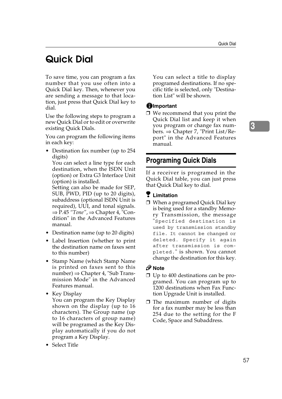 Quick dial, Programing quick dials, P.57 “programing quick dials | 3quick dial | LG Option Type 1045 User Manual | Page 65 / 89