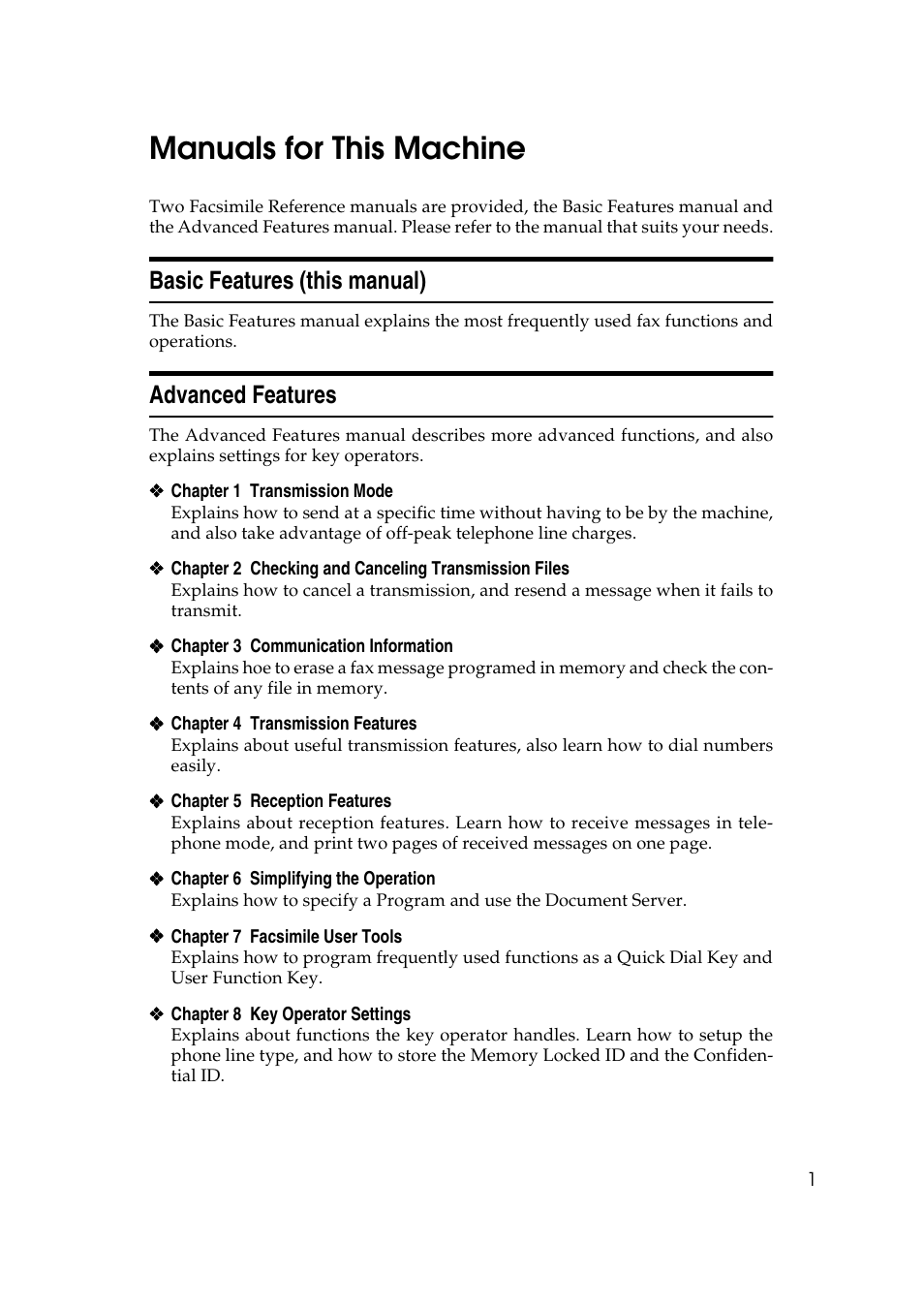 Manuals for this machine, Basic features (this manual), Advanced features | Basic features (this manual) advanced features | LG Option Type 1045 User Manual | Page 9 / 89