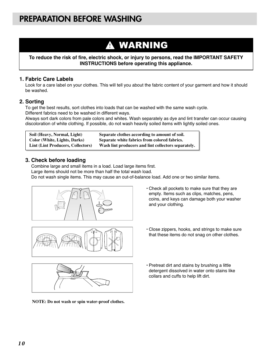 Warning, Preparation before washing | LG WM1815CS User Manual | Page 10 / 45