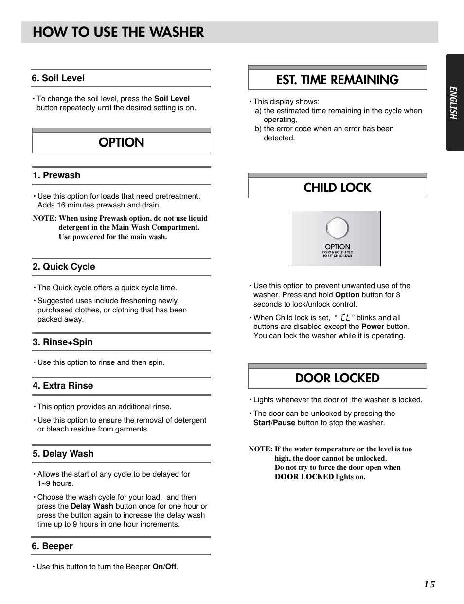 How to use the washer, Option child lock door locked, Est. time remaining | LG WM1815CS User Manual | Page 15 / 45