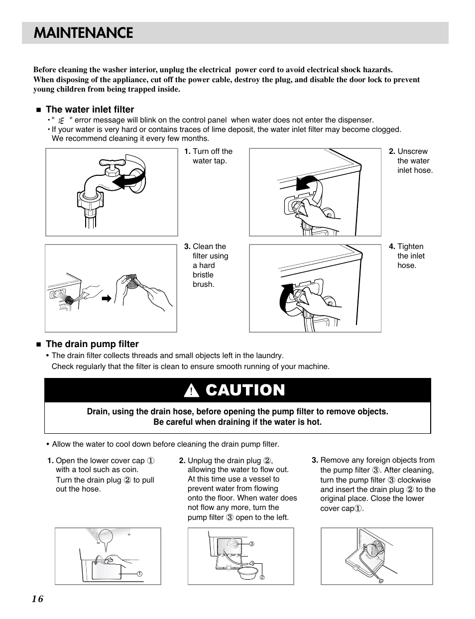 Caution, Maintenance | LG WM1815CS User Manual | Page 16 / 45