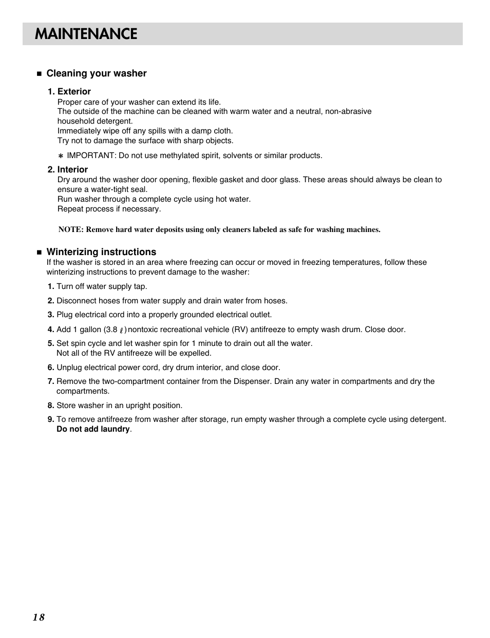 Maintenance | LG WM1815CS User Manual | Page 18 / 45