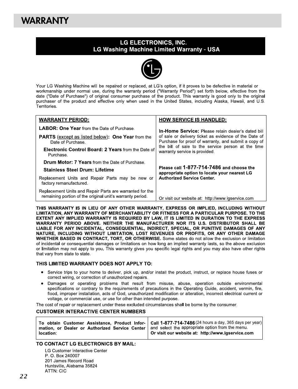 Warranty | LG WM1815CS User Manual | Page 22 / 45