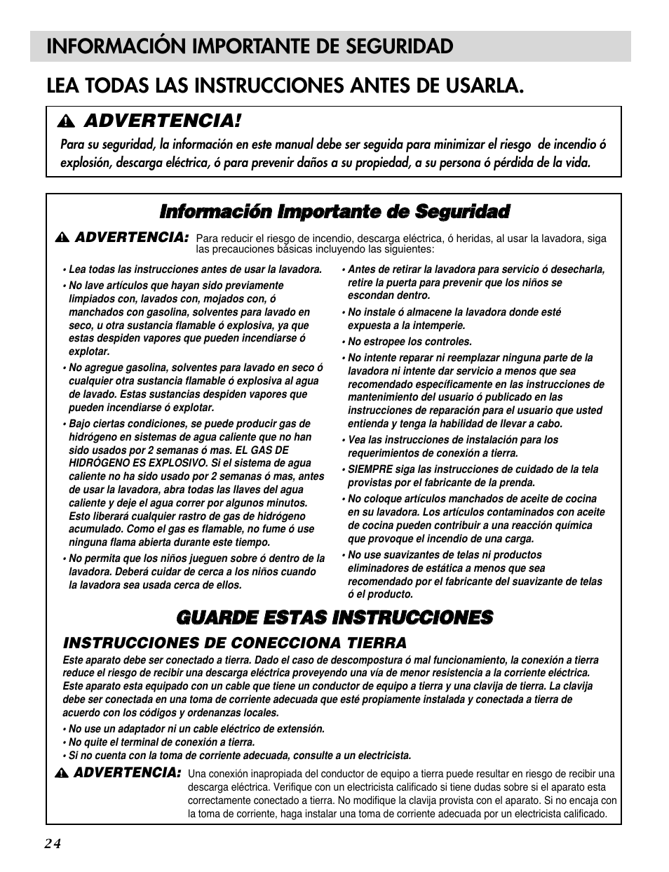 Advertencia | LG WM1815CS User Manual | Page 25 / 45