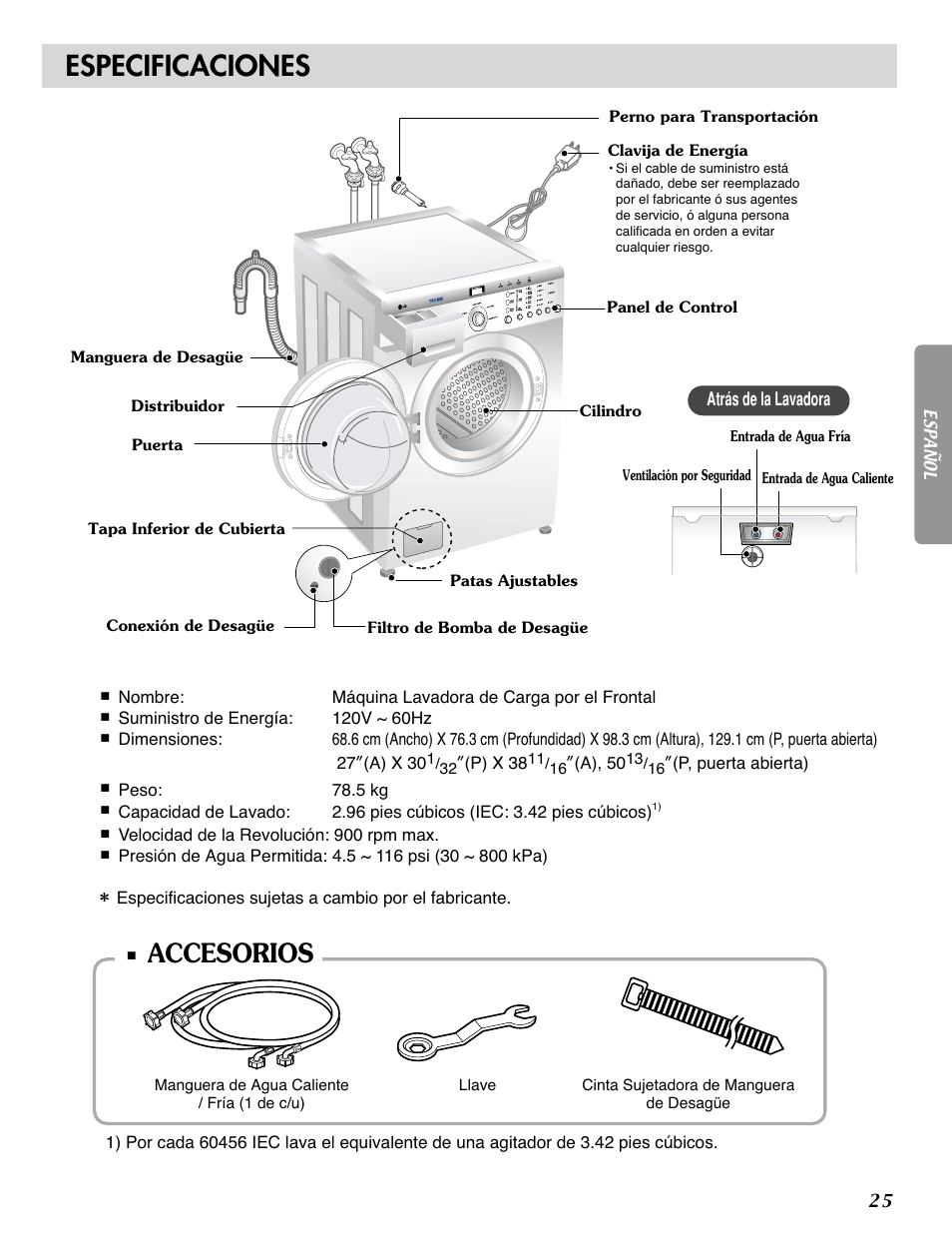 Especificaciones, Accesorios | LG WM1815CS User Manual | Page 26 / 45