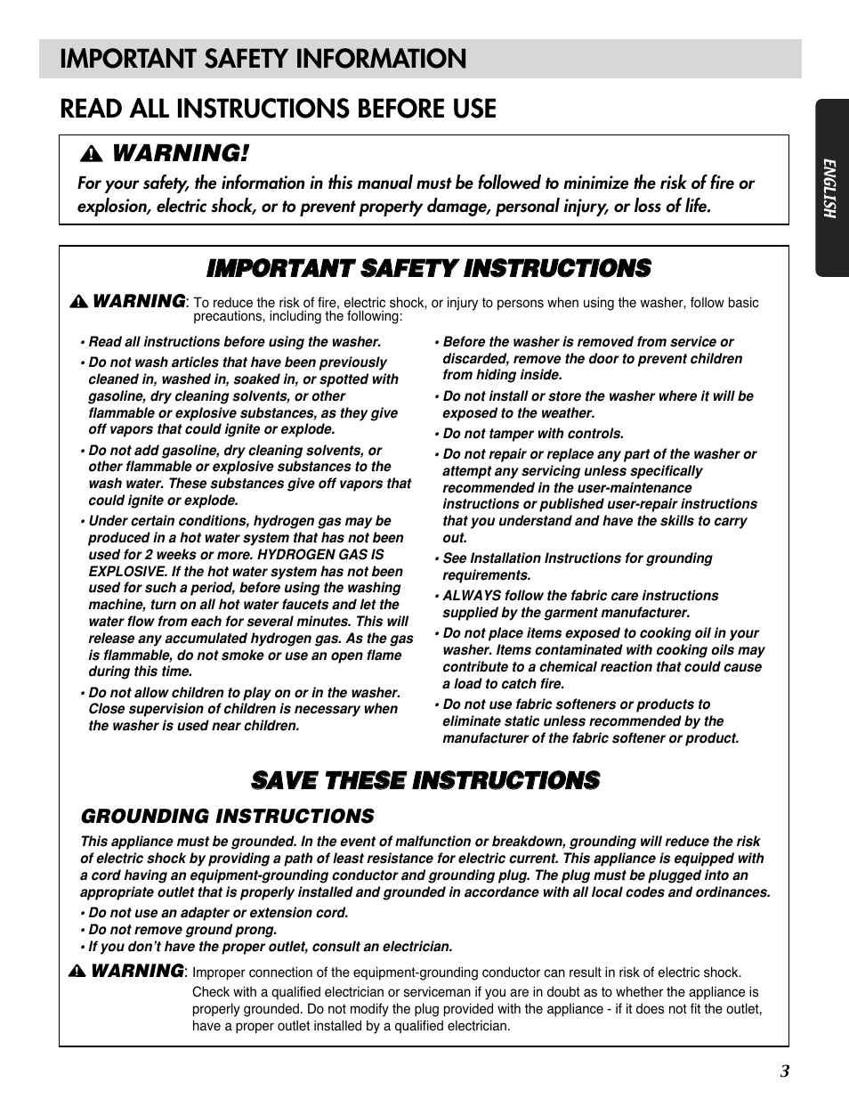 Important safety information, Read all instructions before use, Warning | LG WM1815CS User Manual | Page 3 / 45