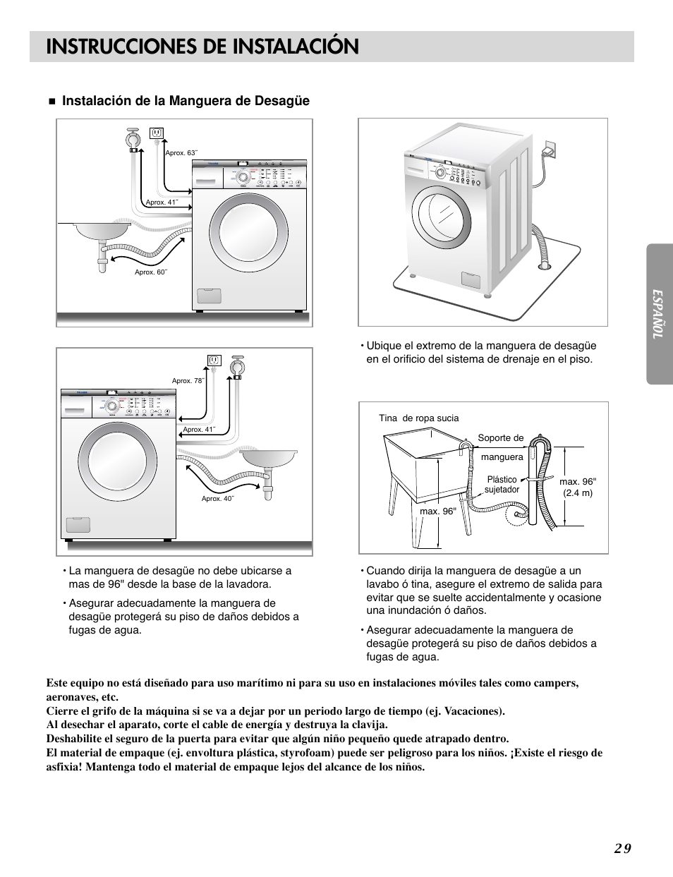 Instrucciones de instalación, Instalación de la manguera de desagüe | LG WM1815CS User Manual | Page 30 / 45