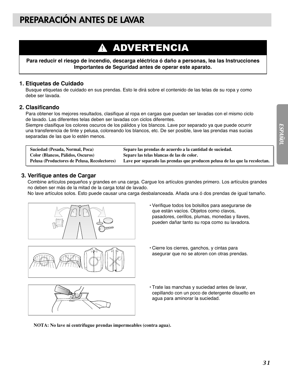 Advertencia, Preparación antes de lavar | LG WM1815CS User Manual | Page 32 / 45