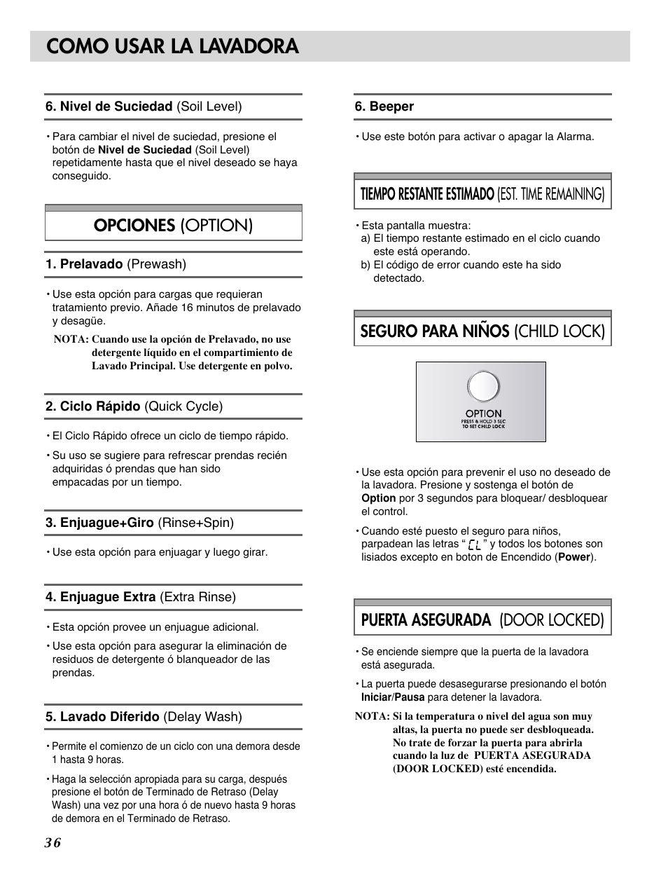 Como usar la lavadora, Tiempo restante estimado (est. time remaining) | LG WM1815CS User Manual | Page 37 / 45