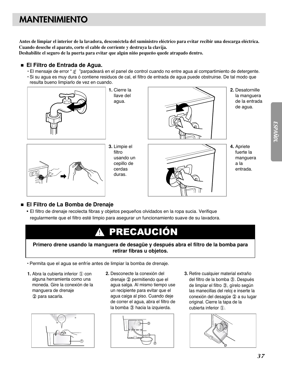 Precaución, Mantenimiento | LG WM1815CS User Manual | Page 38 / 45