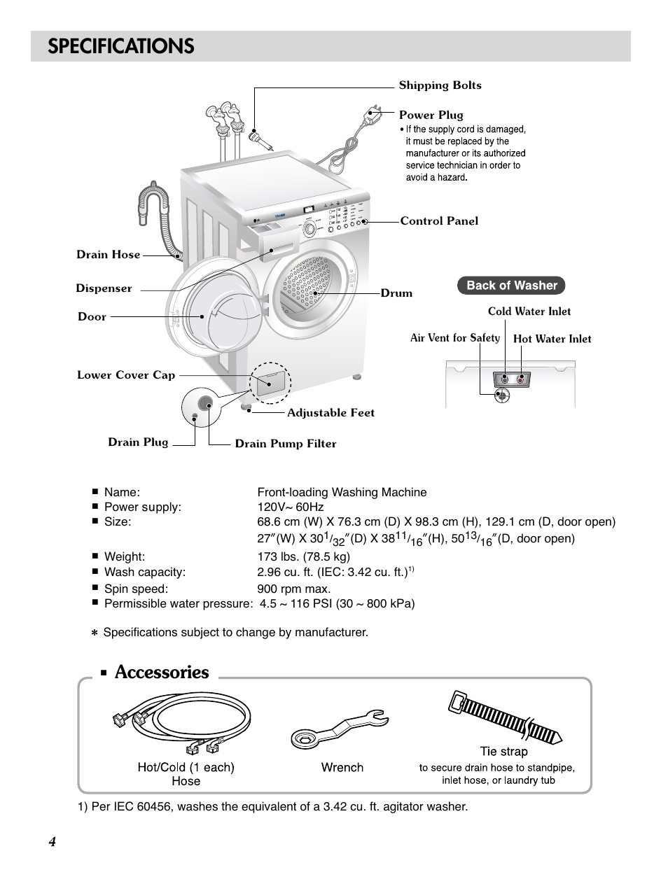 Specifications, Accessories | LG WM1815CS User Manual | Page 4 / 45