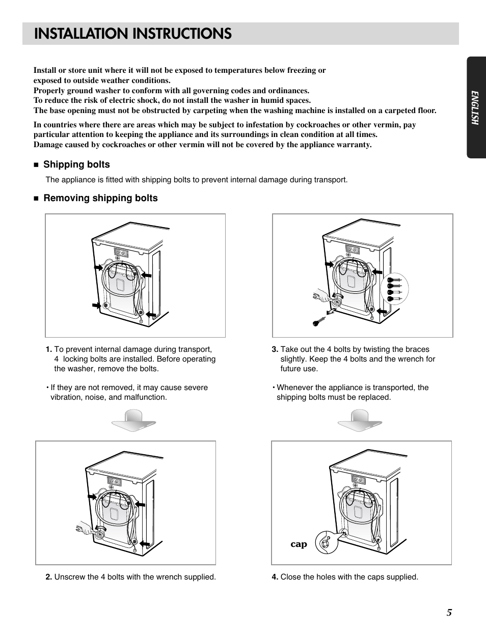 Installation instructions | LG WM1815CS User Manual | Page 5 / 45