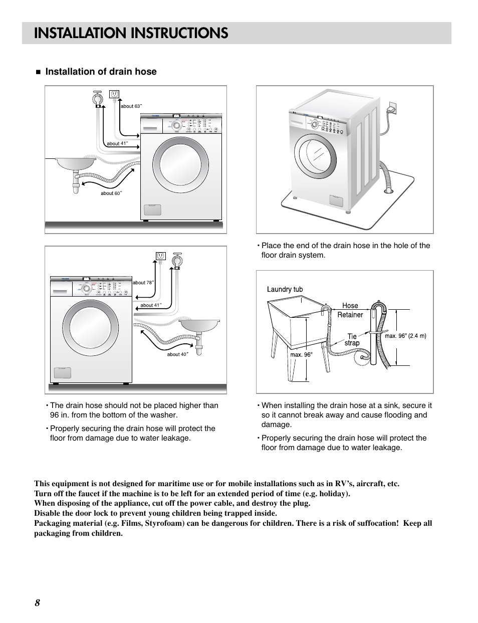 Installation instructions, Installation of drain hose | LG WM1815CS User Manual | Page 8 / 45
