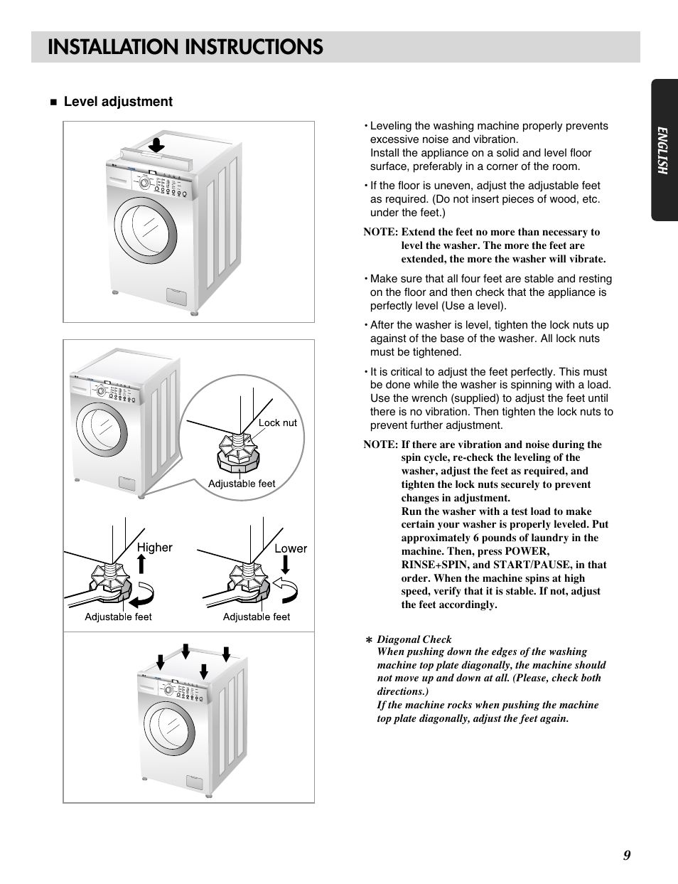 Installation instructions | LG WM1815CS User Manual | Page 9 / 45