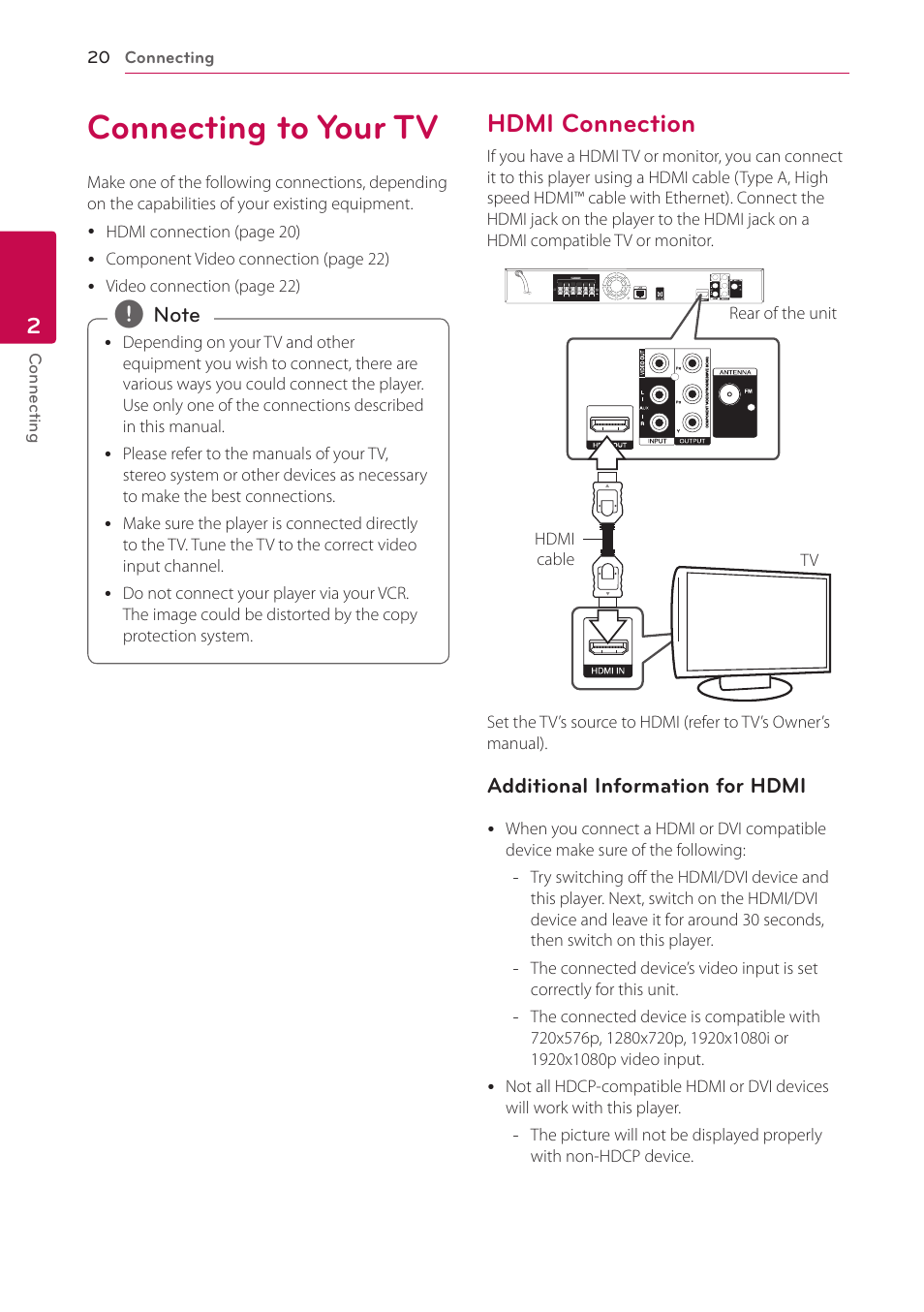 Connecting to your tv, Hdmi connection, 20 connecting to your tv 20 – hdmi connection | LG HB906TA User Manual | Page 20 / 72