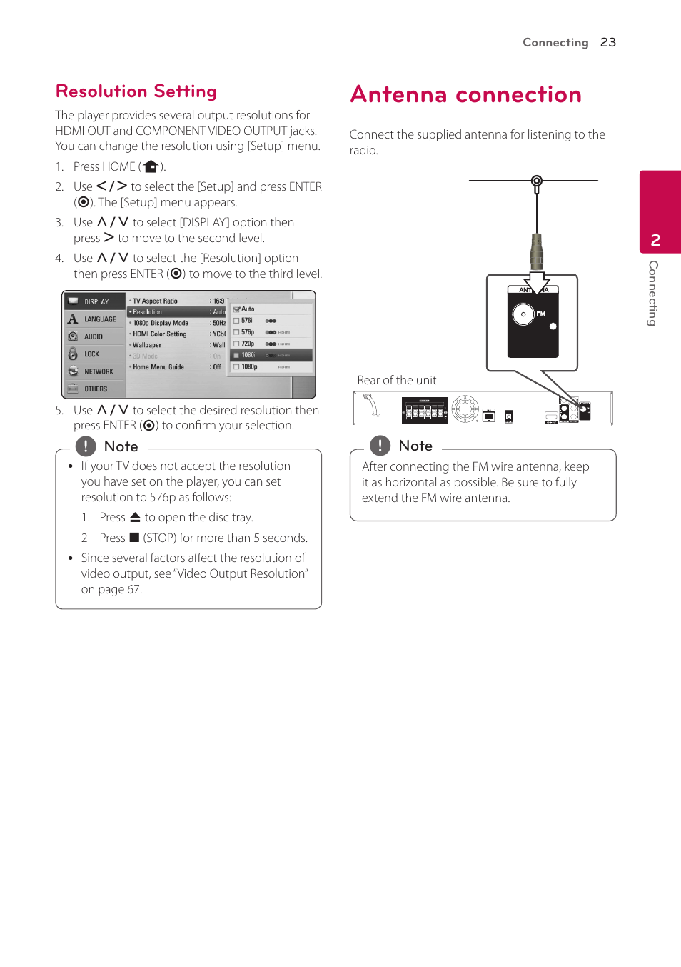 Resolution setting, Antenna connection, 23 – resolution setting 23 antenna connection | LG HB906TA User Manual | Page 23 / 72