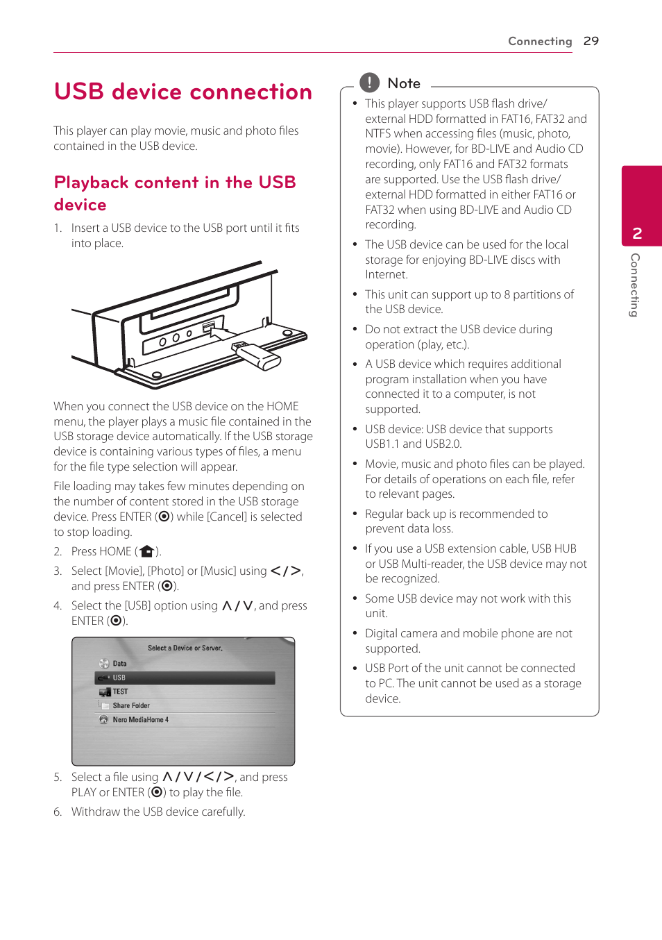 Usb device connection, Playback content in the usb device | LG HB906TA User Manual | Page 29 / 72