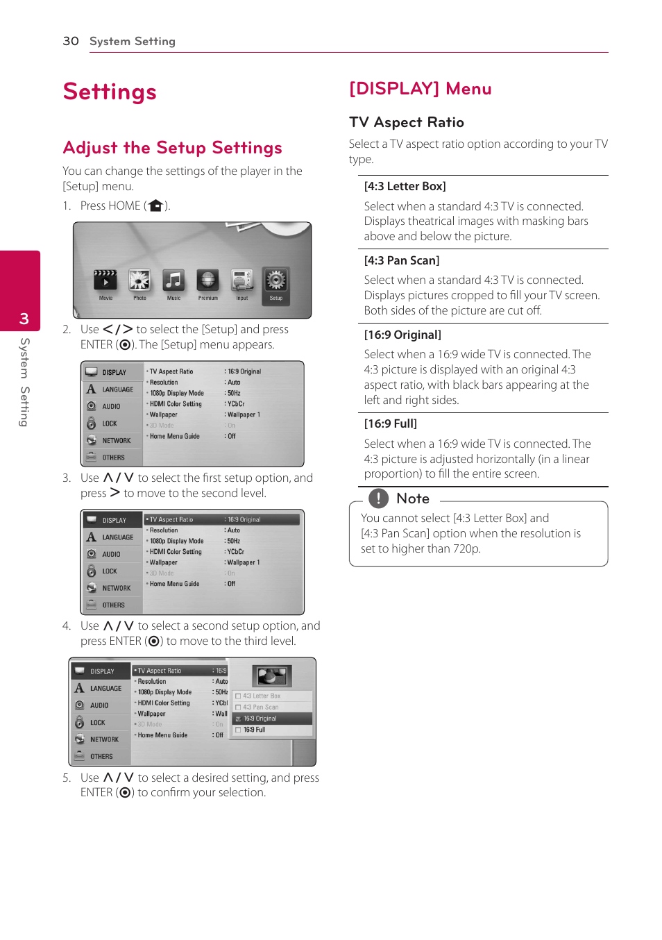 3 system setting, Settings, Adjust the setup settings | Display] menu | LG HB906TA User Manual | Page 30 / 72