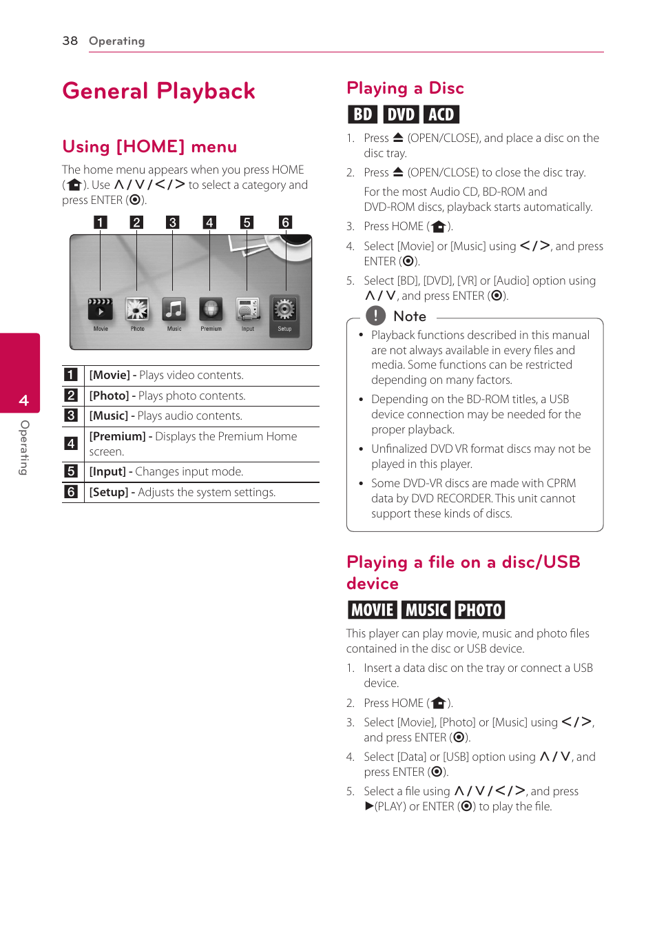 4 operating, General playback, Using [home] menu | Playing a disc, Playing a file on a disc/usb device, Playing a disc ert, Playing a file on a disc/usb device yui | LG HB906TA User Manual | Page 38 / 72