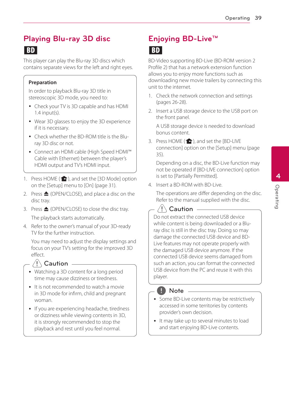 Playing blu-ray 3d disc, Enjoying bd-live, 39 – playing blu-ray 3d disc 39 – enjoying bd-live | Playing blu-ray 3d disc e, Enjoying bd-live™ e | LG HB906TA User Manual | Page 39 / 72