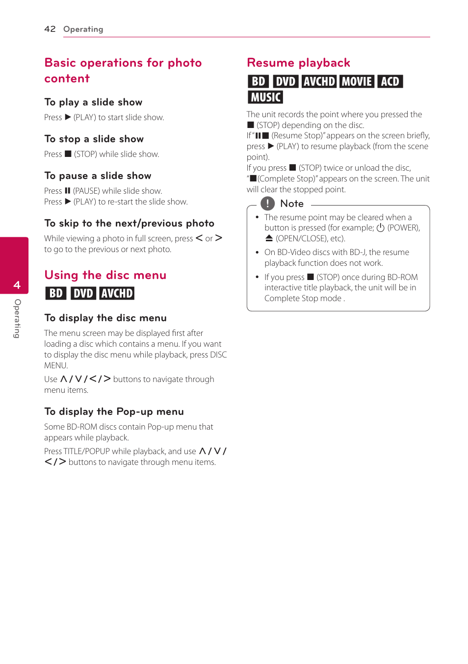 Basic operations for photo content, Using the disc menu, Resume playback | Using the disc menu ero, Resume playback eroyt u | LG HB906TA User Manual | Page 42 / 72