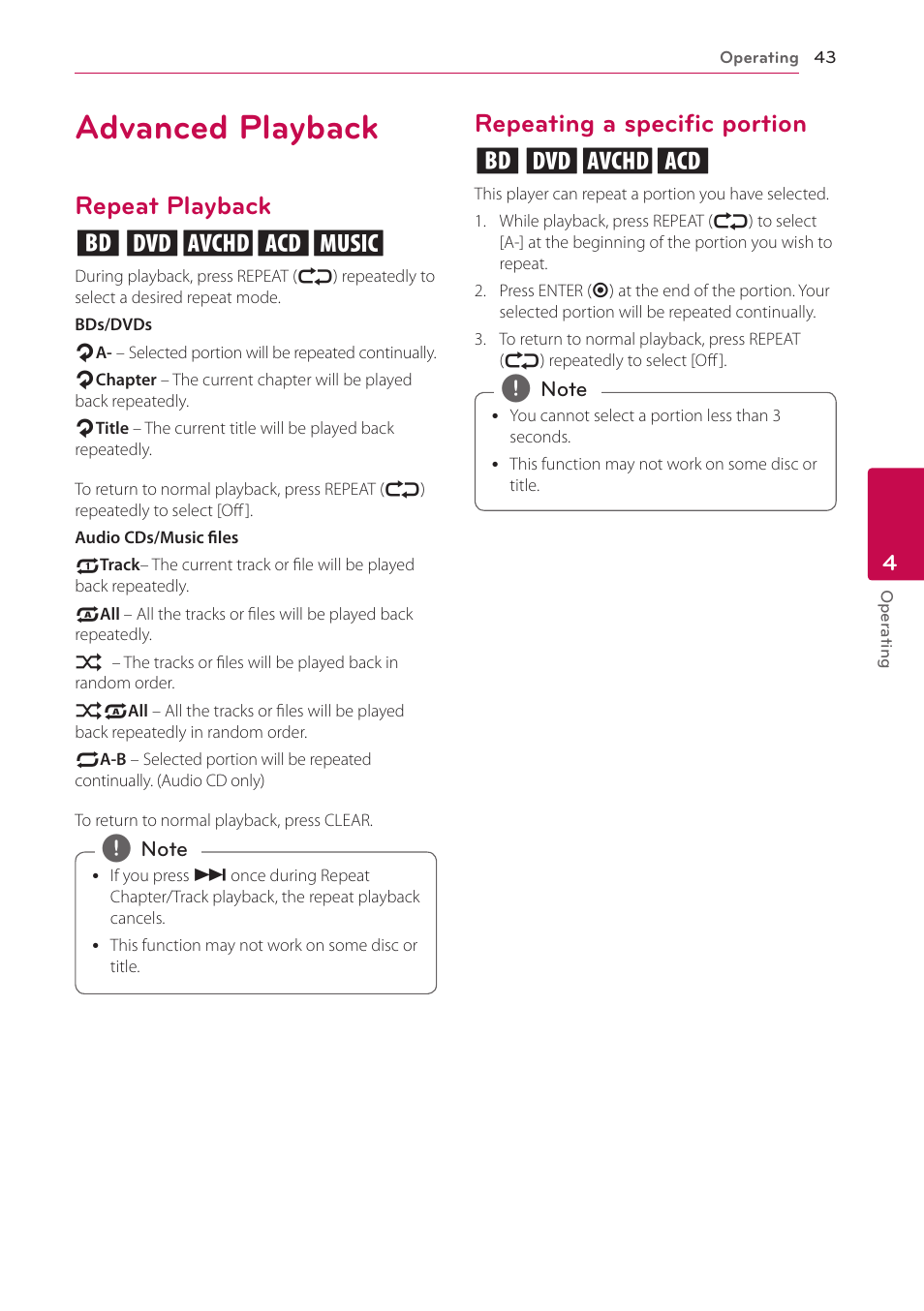 Advanced playback, Repeat playback, Repeating a specific portion | Repeat playback erotu, Repeating a specific portion erot | LG HB906TA User Manual | Page 43 / 72