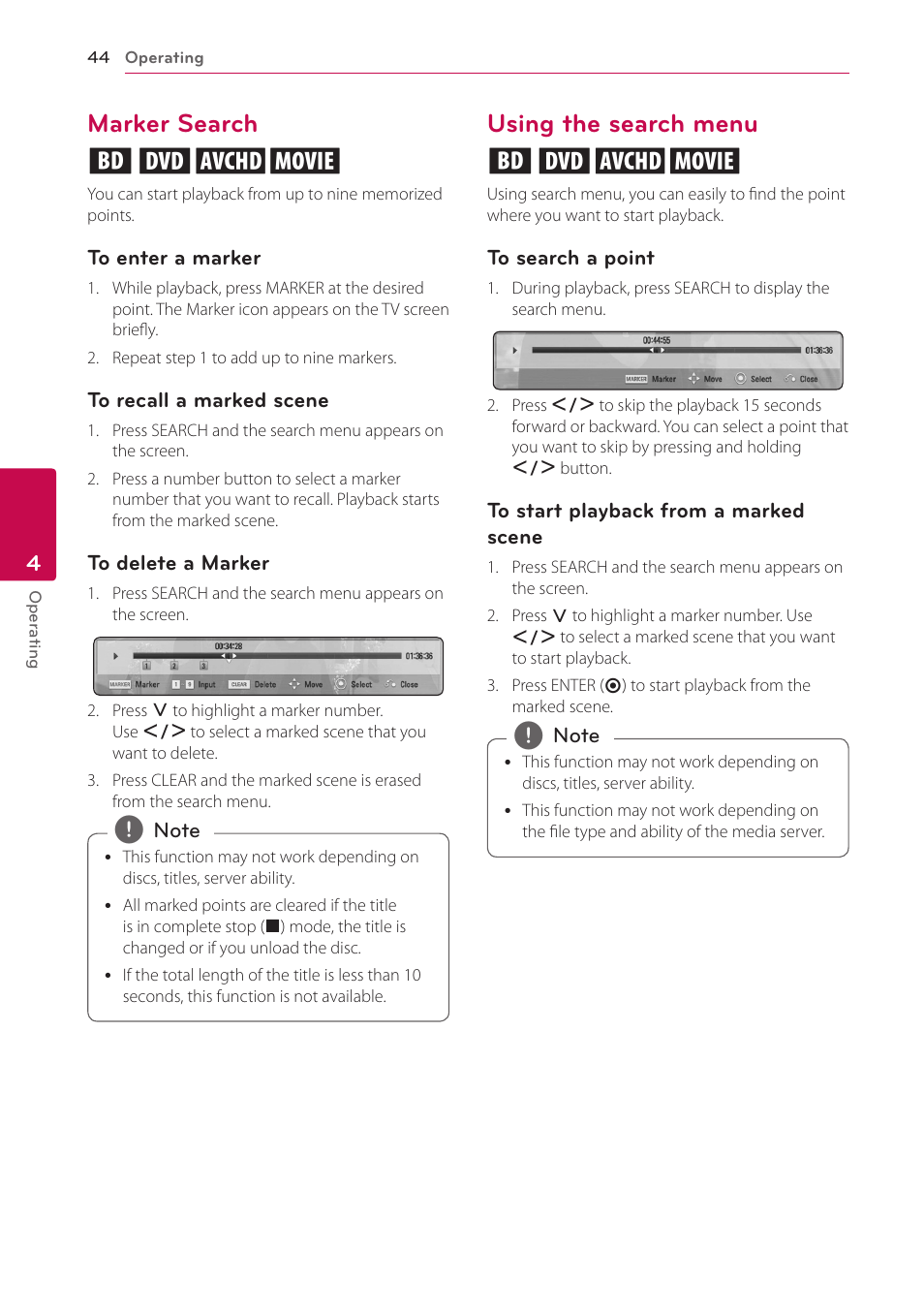 Marker search, Using the search menu, 44 – marker search 44 – using the search menu | Marker search eroy, Using the search menu eroy | LG HB906TA User Manual | Page 44 / 72