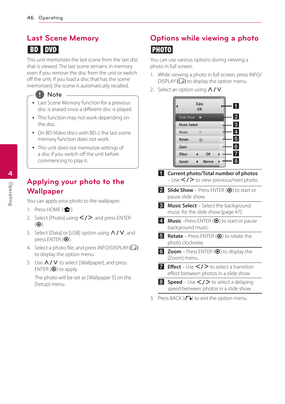 Last scene memory, Applying your photo to the wallpaper, Options while viewing a photo | Options while viewing a photo i | LG HB906TA User Manual | Page 46 / 72