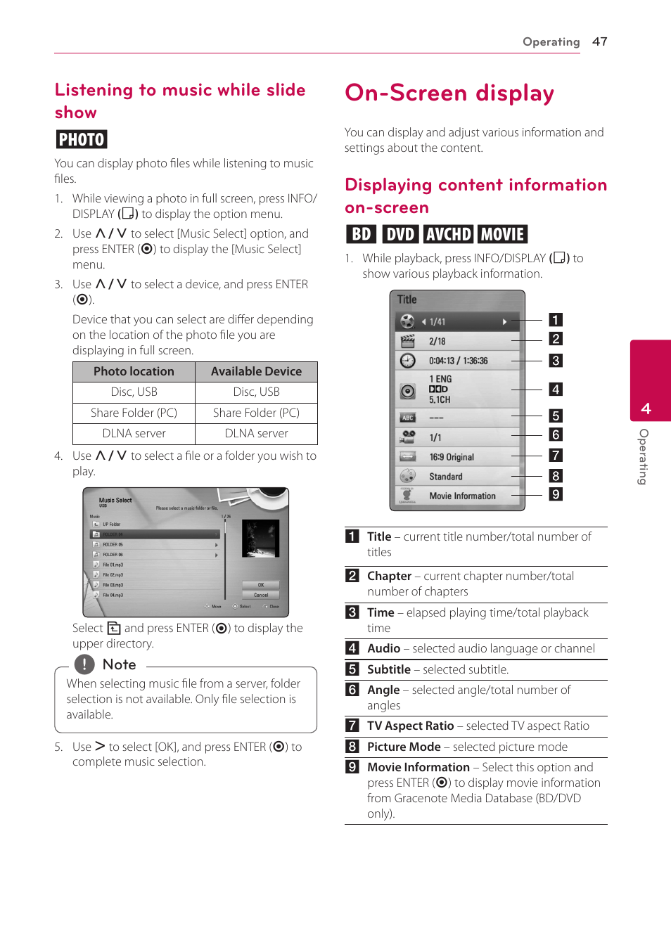 Listening to music while slide show, On-screen display, Displaying content information on-screen | Screen, Listening to music while slide show i, Displaying content information on-screen eroy | LG HB906TA User Manual | Page 47 / 72